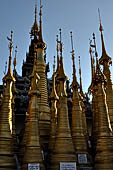 Inle Lake Myanmar. Indein, on the summit of a hill the  Shwe Inn Thein Paya a cluster of hundreds of ancient stupas. Many of them are ruined and overgrown with bushes.